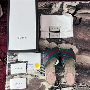 GUCCI Calfskin Perforated Web Espadrille Sandals Red Green